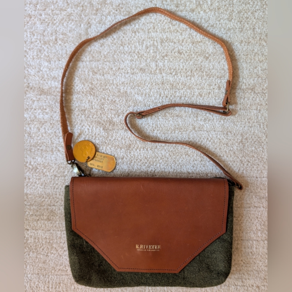 R. Riveter Army Green Wool and Brown Leather Crossbody Bag 2016